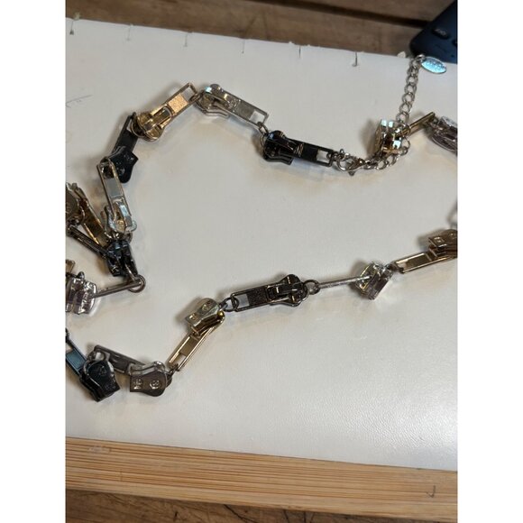 Zipper Charm Necklace In Mixed Silver Gold & Black Metal Design With Adjustable - Picture 7 of 7